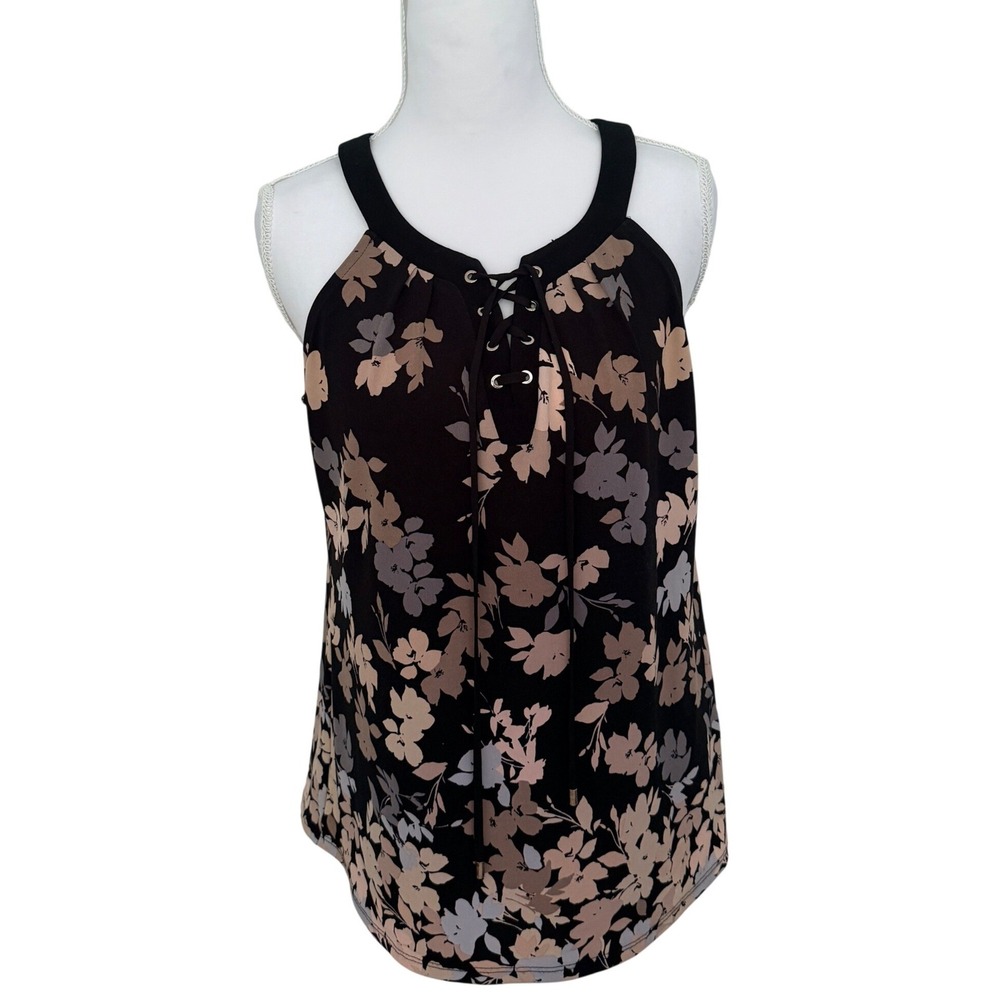 White House Black Market Floral Halter Blouse Womens Size S Black Lace Up Tank